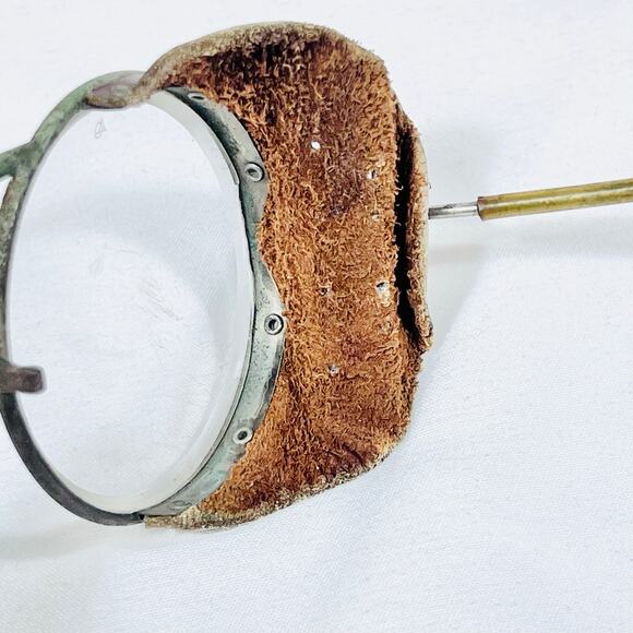 Antique Vintage Motorcycle Glasses W/ Side Leather Metal Wire Frame Round Lens - Picture 11 of 16